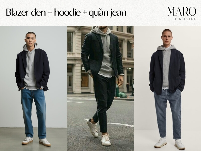 blazer đen hoodie quần jean
