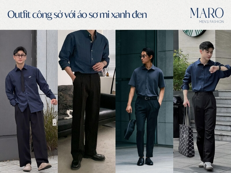 outfit công sở với áo sơ mi xanh đen