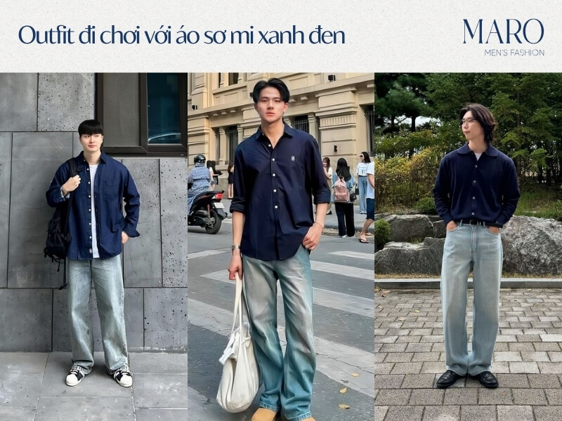 outfit đi chơi với áo sơ mi xanh đen