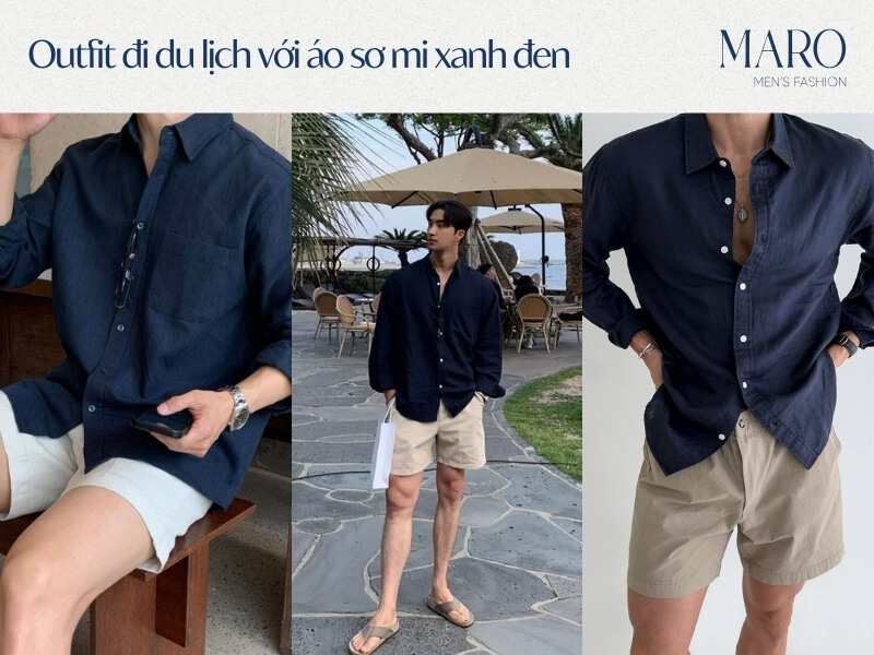 outfit du lịch với áo sơ mi xanh đen