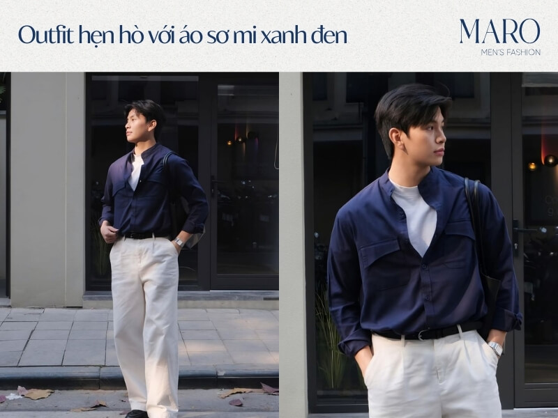 outfit hẹn hò với áo sơ mi xanh đen