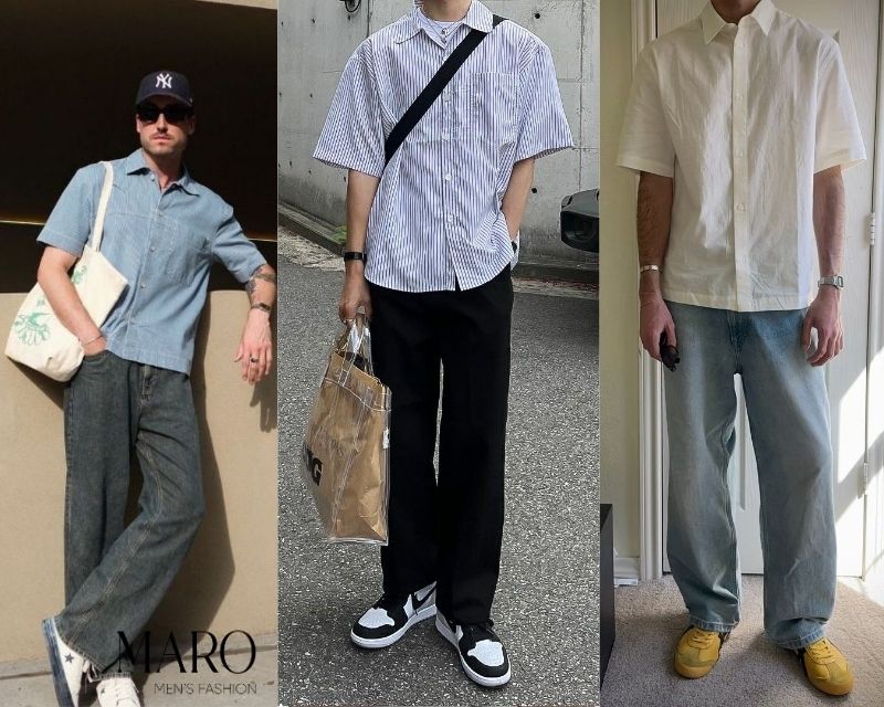 outfit phối đồ với áo sơ mi tay ngắn nam 1