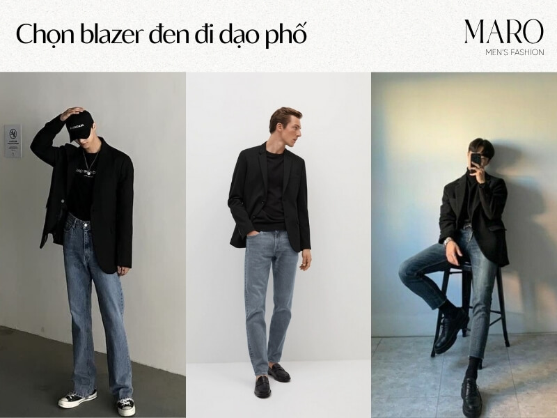 phối áo blazer đen nam đi dạo phố