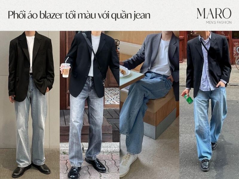 phối áo blazer tối màu với quần jean cho người lùn nam