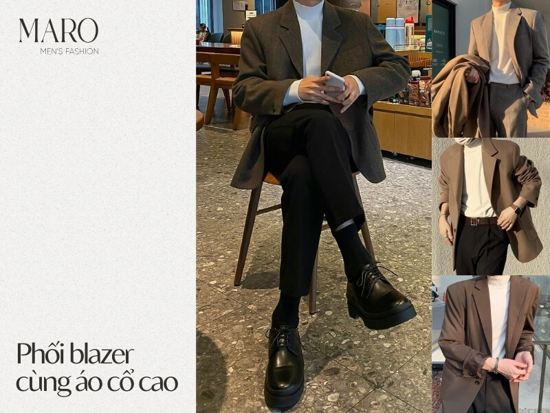 phối blazer cùng áo cổ cao cho người lùn nam