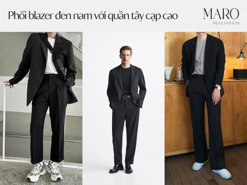 phối blazer đen nam với quần tây cao cấp cho người lùn nam