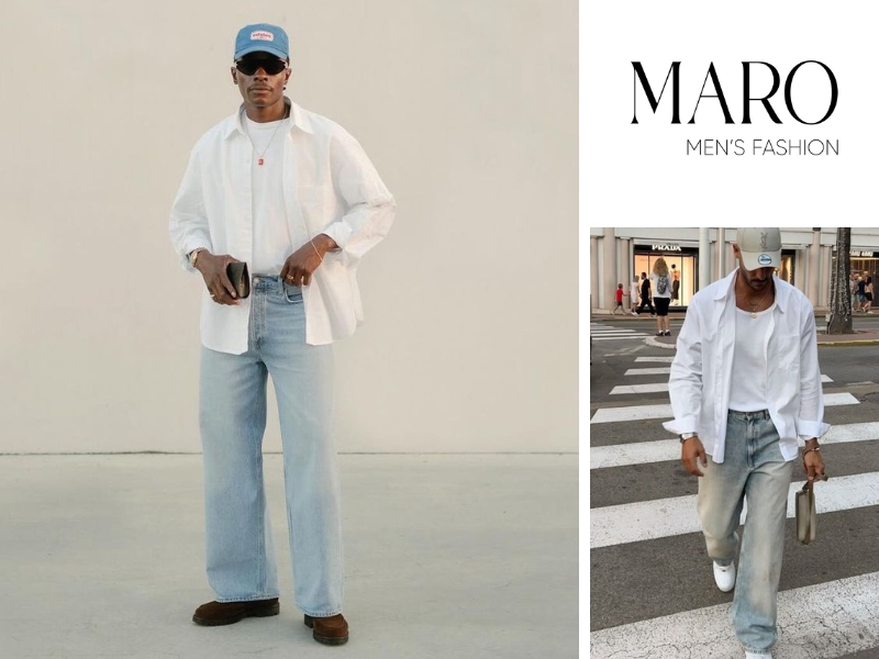 phối đồ áo sơ mi form rộng với quần jeans nam