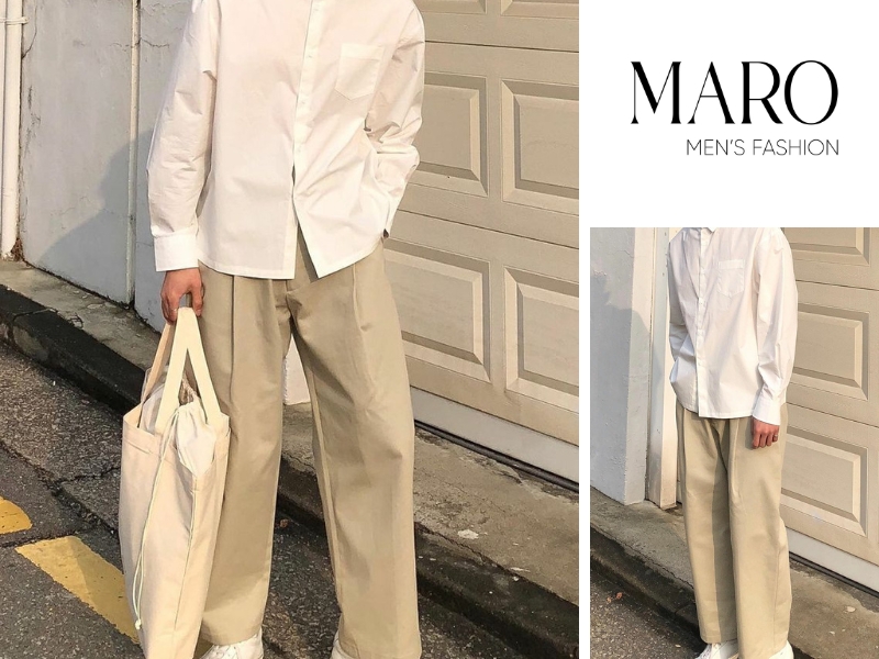 phối đồ áo sơ mi form rộng với quần kaki nam