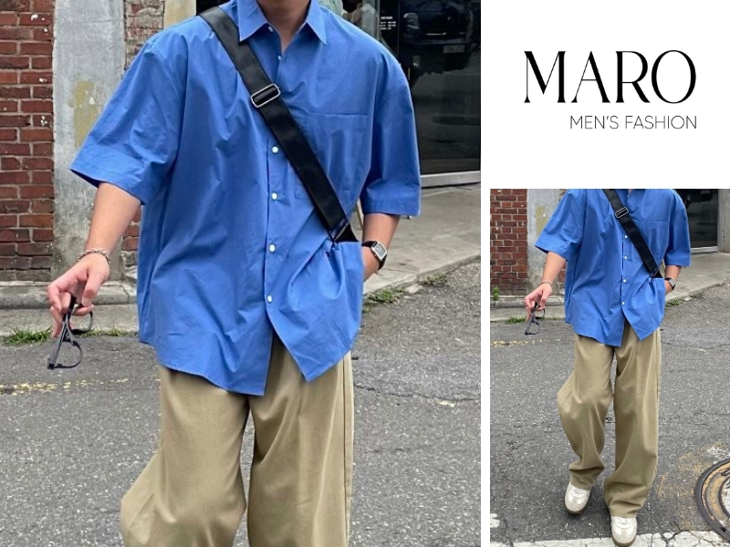 phối đồ smart casual phóng khoáng áo sơ mi xanh dương nam