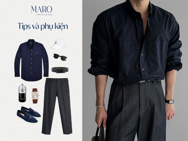 tips và phụ kiện giúp áo sơ mi xanh đen thêm cuốn hút