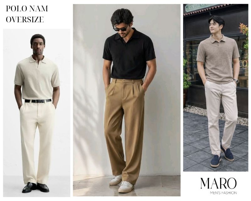polo oversize nam phối với quần tây chinos