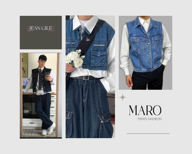 áo gile jean nam áo sơ mi trắng
