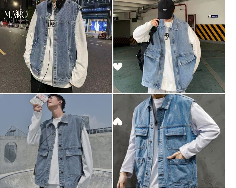 áo gile jean nam phối với áo phông dài tay