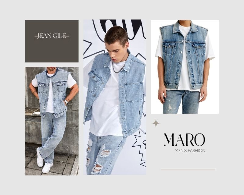 áo gile jean nam phối với quần jean