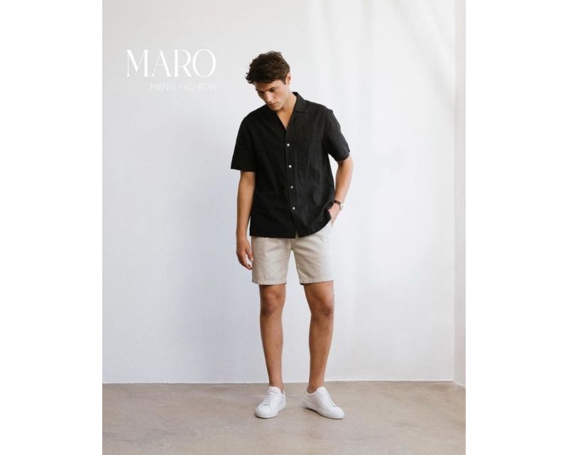 áo sơ mi đen quần short màu be