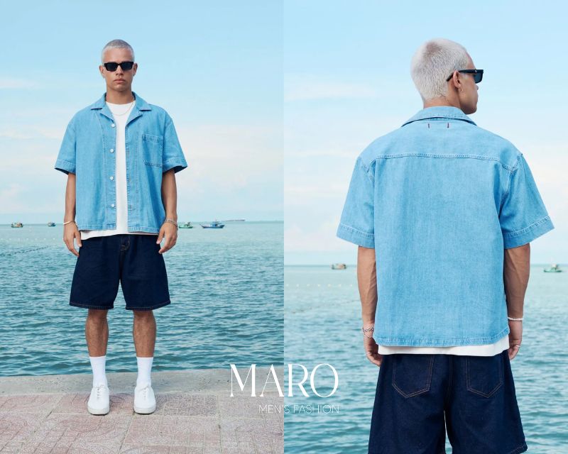 áo sơ mi denim mỏng quần short bơi