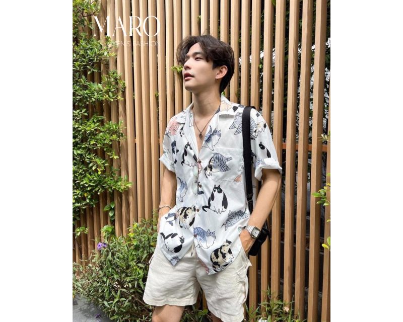 áo sơ mi họa tiết tropical quần short trắng