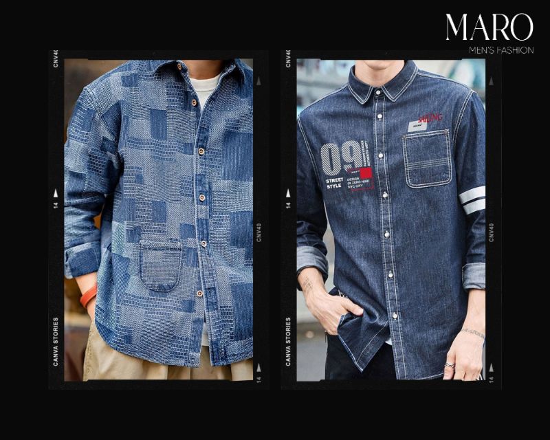 áo sơ mi jean nam in chữ hoạ tiết
