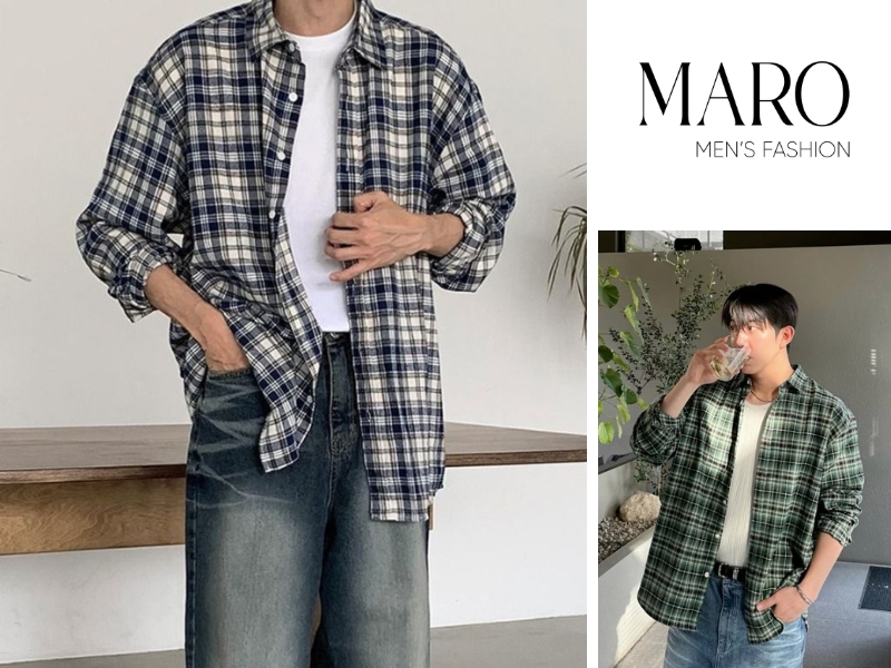 áo sơ mi kẻ caro kết hợp quần jean tối màu
