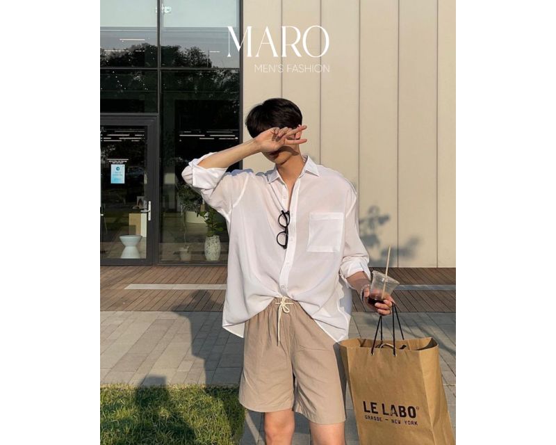 áo sơ mi trắng quần short màu be