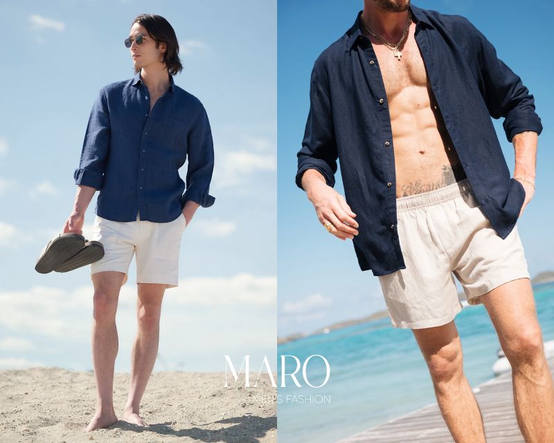 áo sơ mi xanh navy quần short trắng