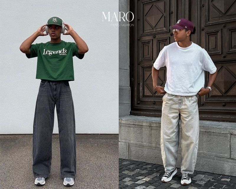 áo thun boxy với quần ống suông baggy