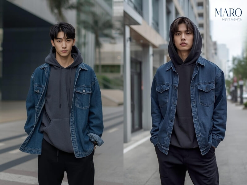 layer sơ mi jean áo hoodie quần jeans jogger