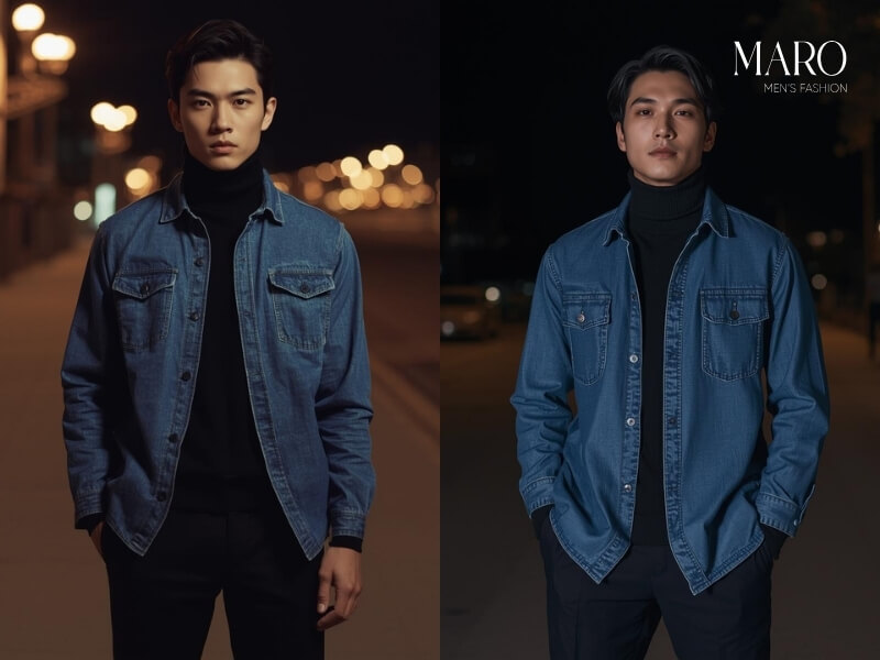 layer sơ mi jean áo len cổ lọ quần đen
