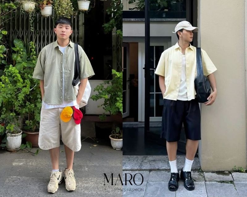 layering áo thun trắng sơ mi khoác ngoài và quần short