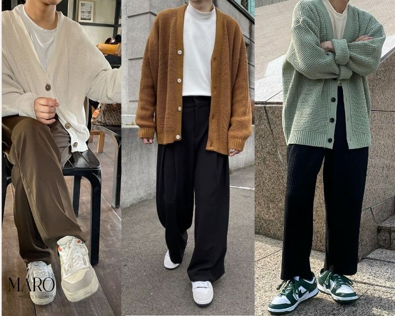 mix cardigan với quần tây và giày thể thao