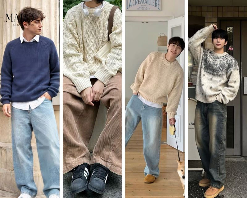 outfit mùa đông đi học nam với áo len và quần jeans