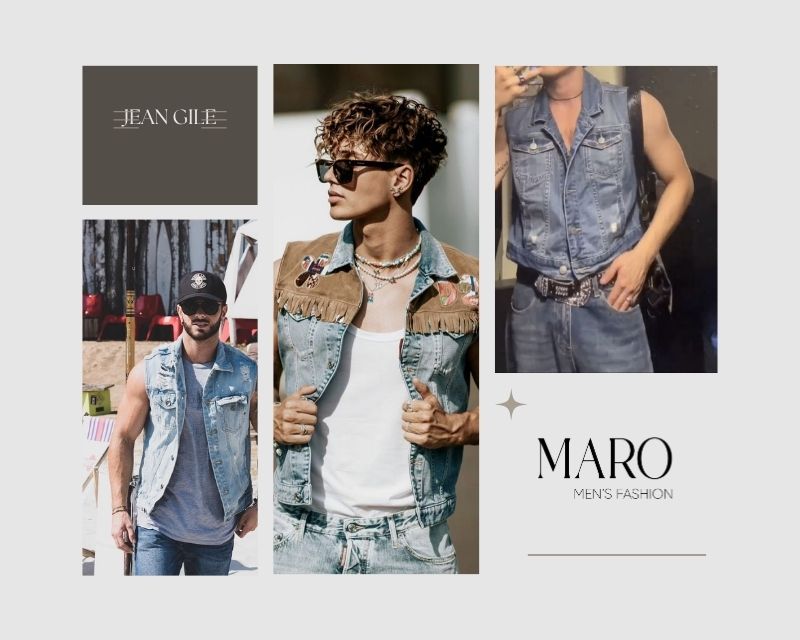 phối áo gile jean nam với áo tank top