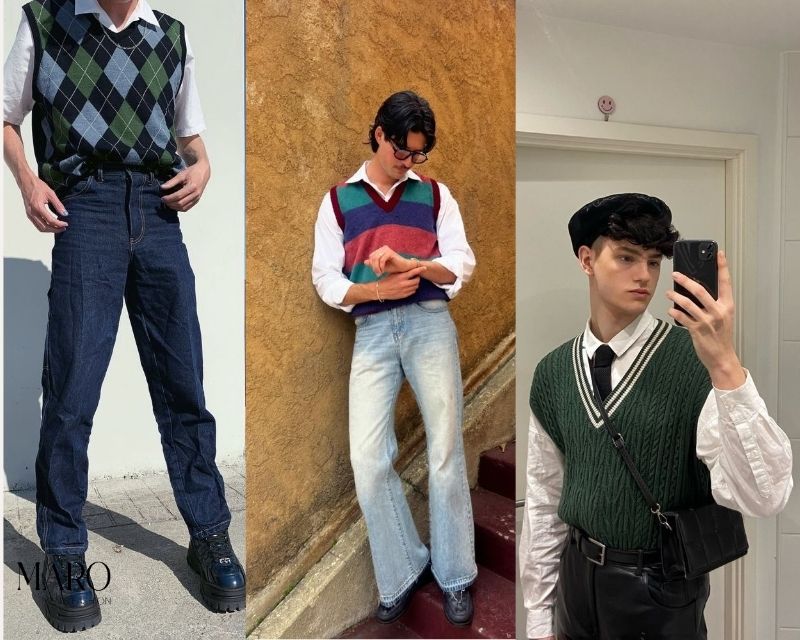 phối áo gile với quần jean phong cách retro vintage