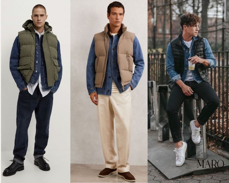 phối áo phao gile nam với áo khoác denim
