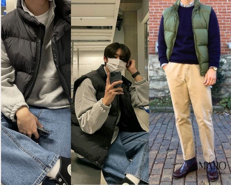 phối áo phao gile nam với áo nỉ sweater
