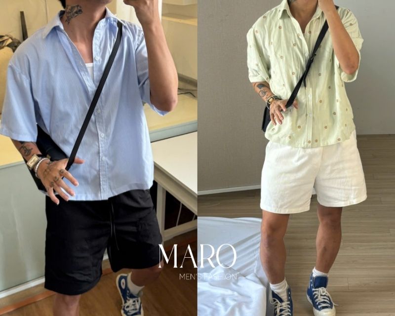 phối áo sơ mi boxy nam quần short