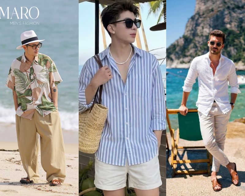 phối áo sơ mi đi biển nam phóng khoáng