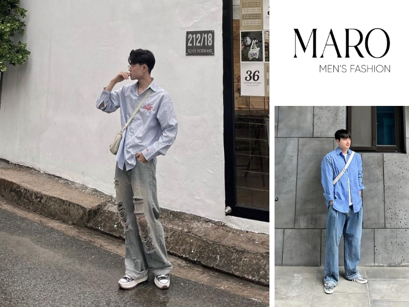 phối áo sơ mi với quần jean ống rộng nam street style