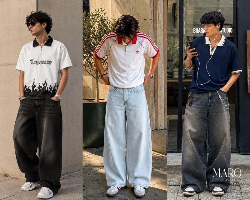 polo oversize phối với quần jean ống rộng