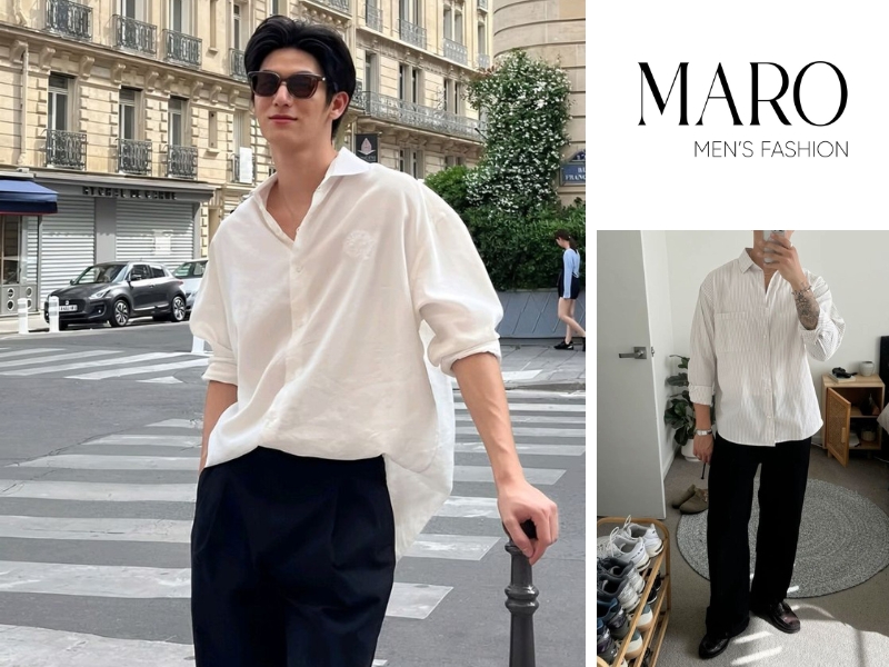 quần kaki đen phối áo sơ mi sáng màu