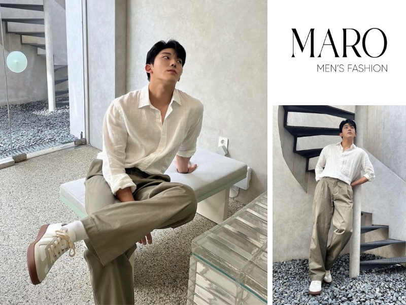 quần kaki màu be phối áo sơ mi trắng