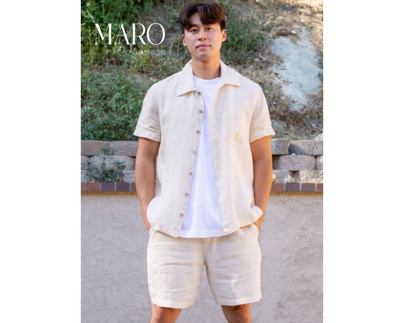 quần short áo sơ mi linen khoác ngoài áo thun quần short