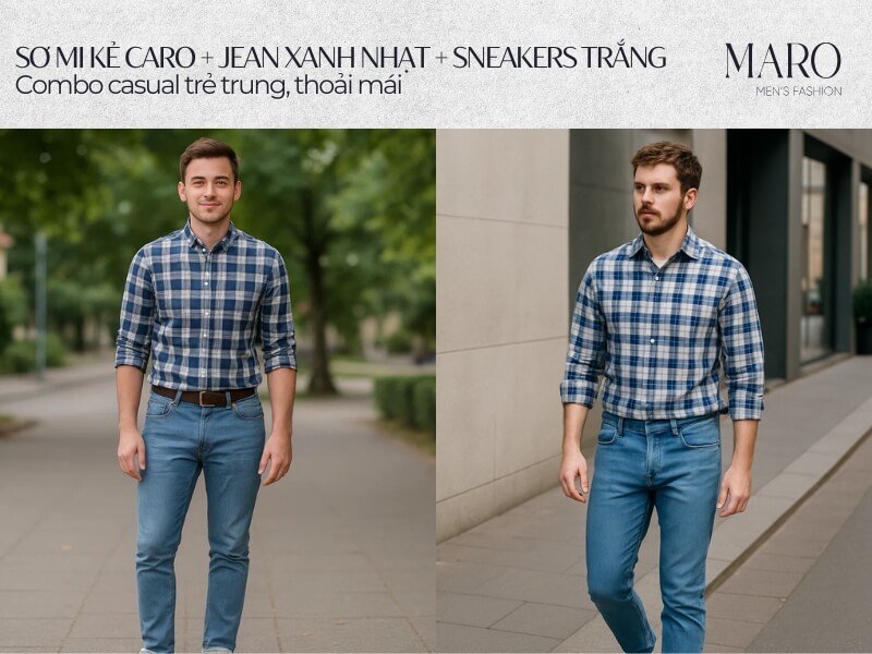 sơ mi caro jean xanh nhạt combo casual trẻ trung thỏa mái