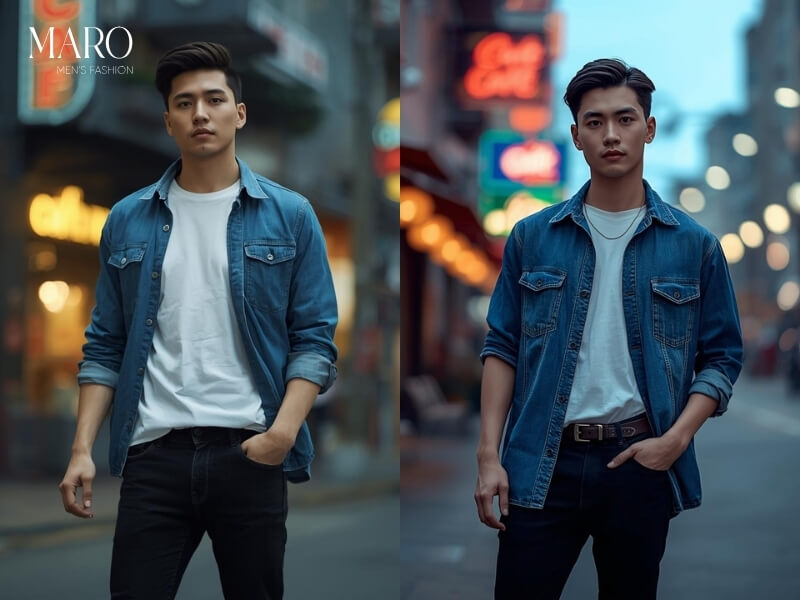sơ mi jean layer với quần thun trắng quần jeans đen