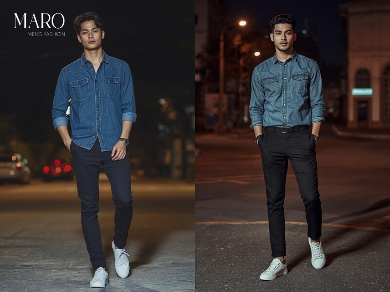sơ mi jean quần đen slim fit sneaker trắng