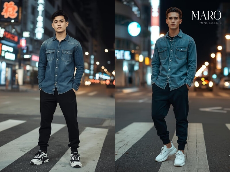sơ mi jean quần jogger đen sneaker chunky