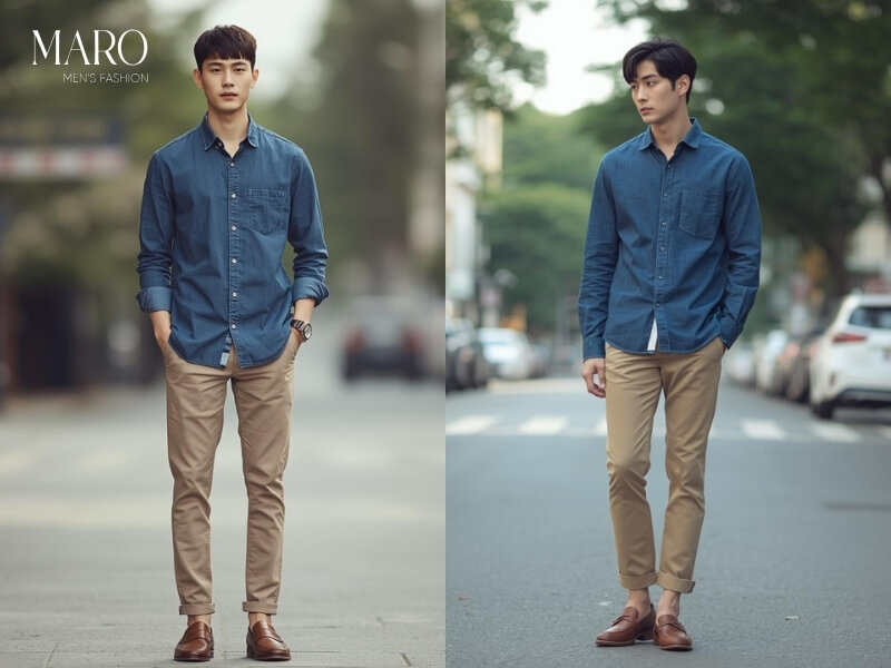 sơ mi jean quần kaki be giày loafer