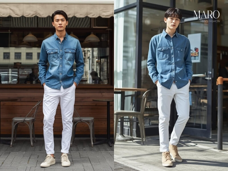 sơ mi jean quan trắng giày sneaker be