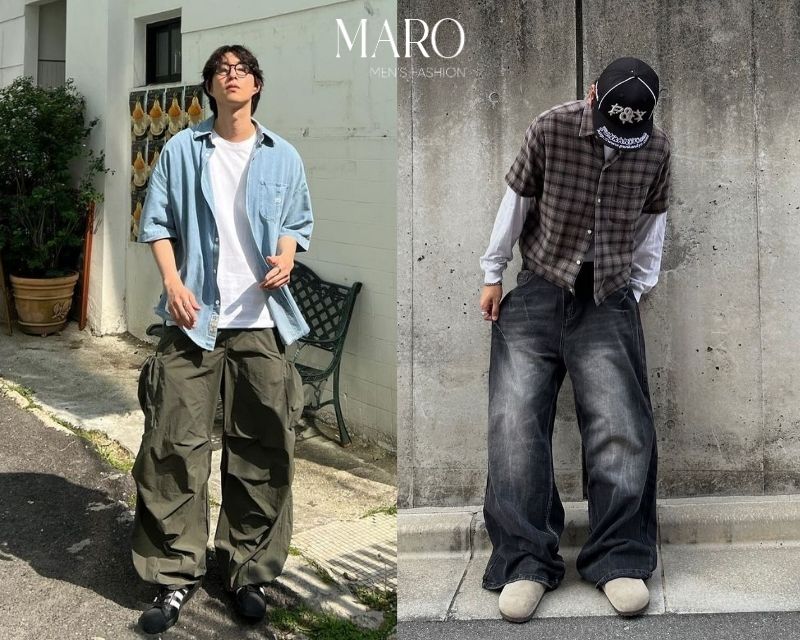 sơ mi kết hợp quần cargo và jean ống suông