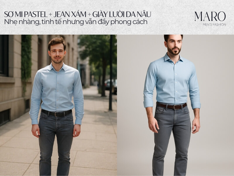 sơ mi pastel jean xám giày lười da nâu